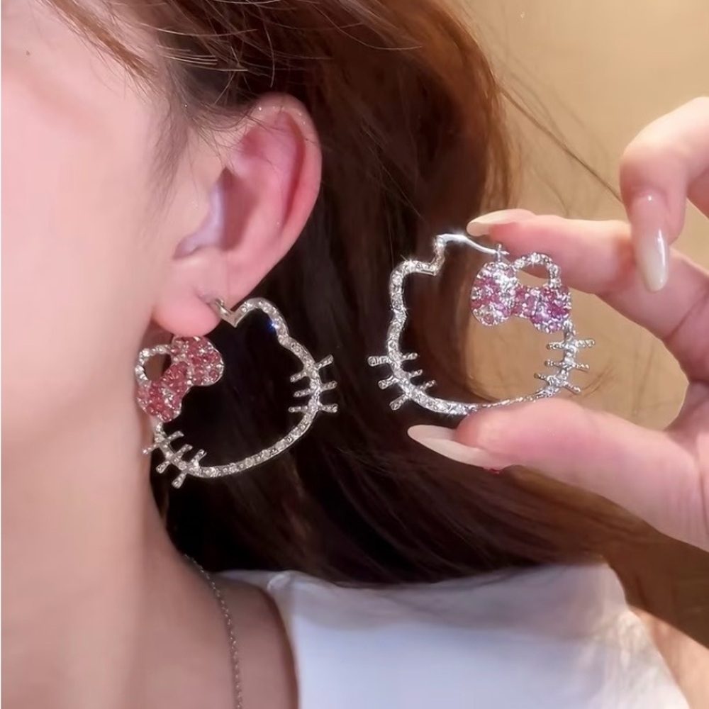 Silver and Pink Hello Kitty Shaped Earrings